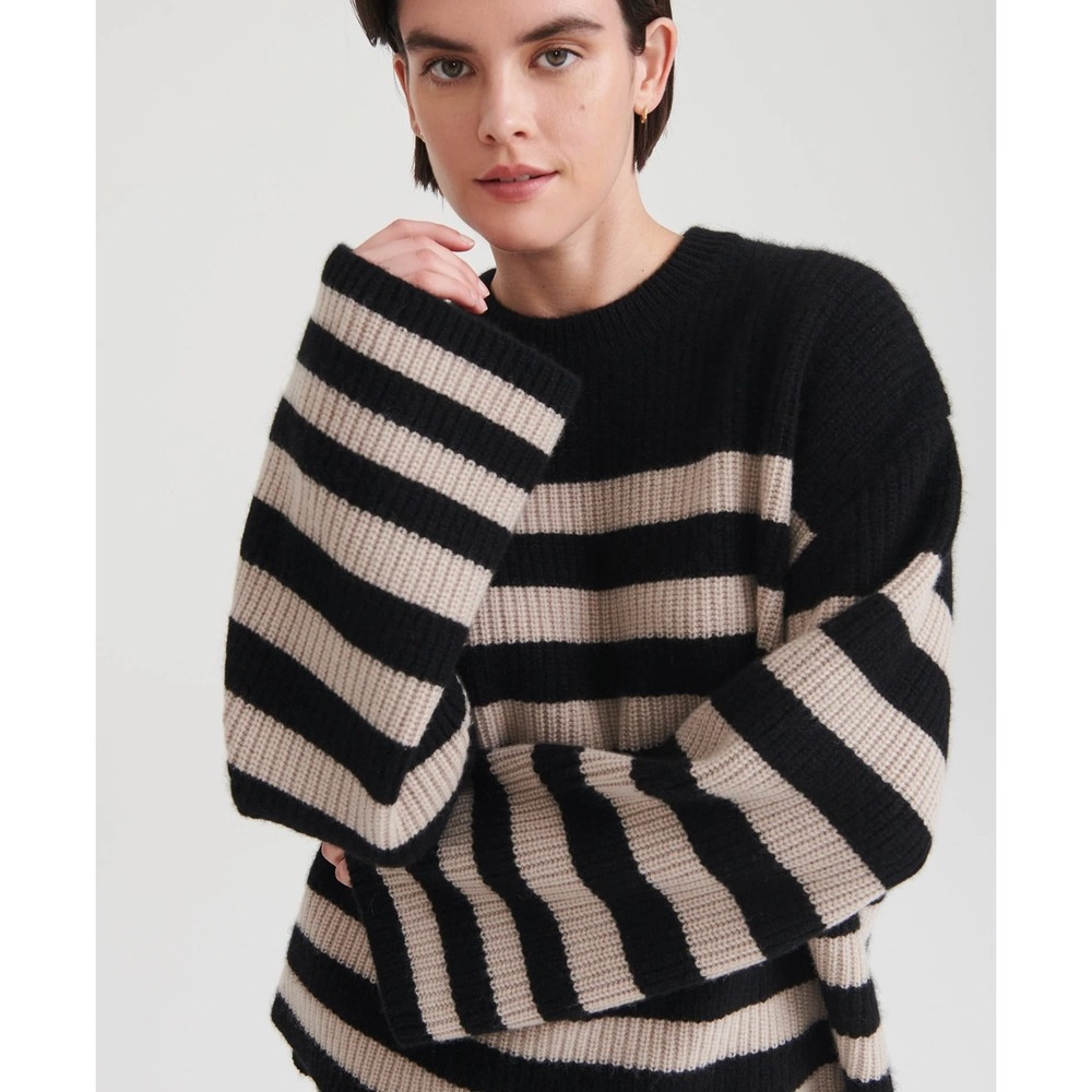 B41 Naadam Mongolian Cashmere Striped Sweater Medium Black Beige Oversized